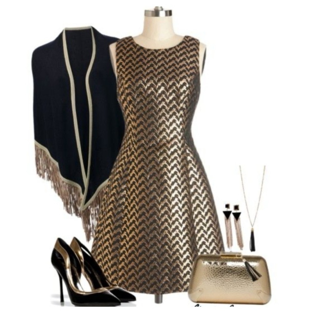 Ark & Co. Black & Gold Sleeveless Fit & Flare A-Line Chevron Dress NWT size S